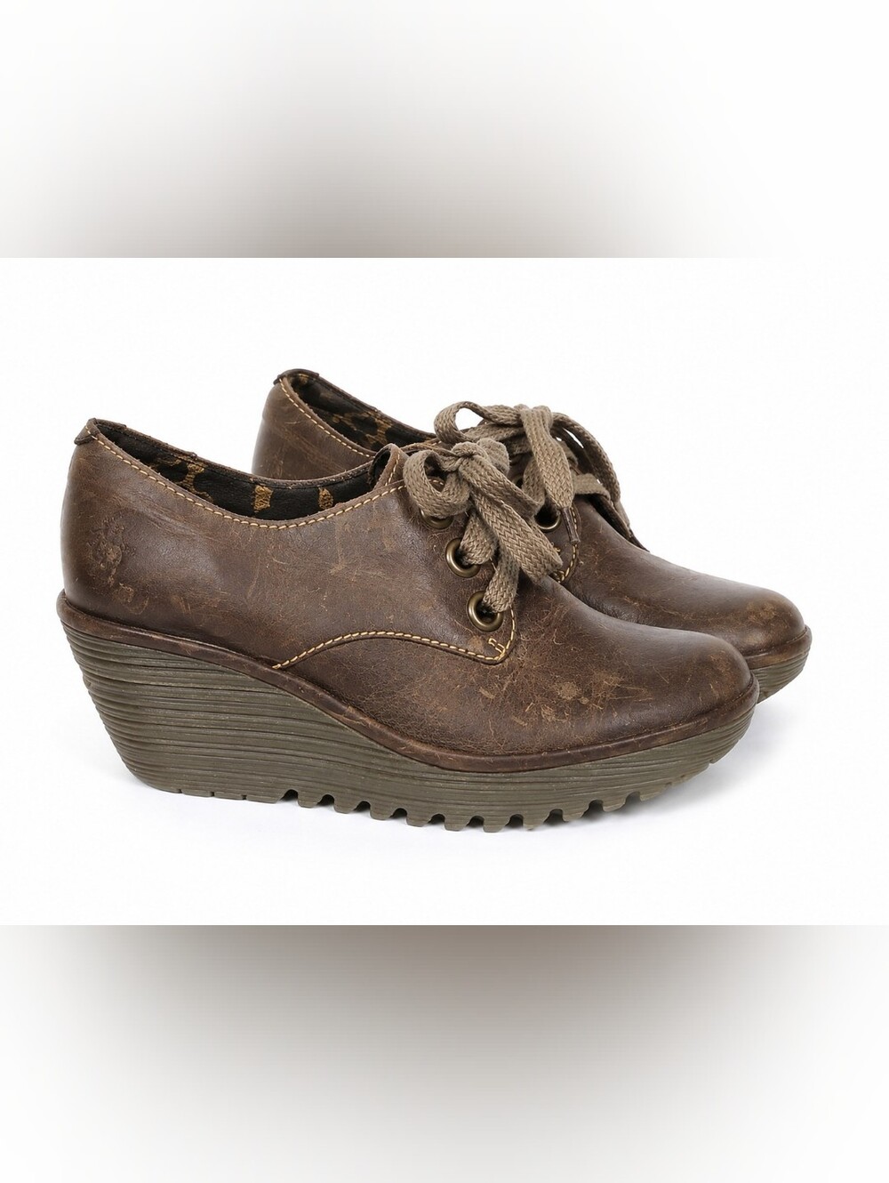 FLY London Brown Distressed Leather Lace-Up Wedge Oxford Inspired Shoes EU 38